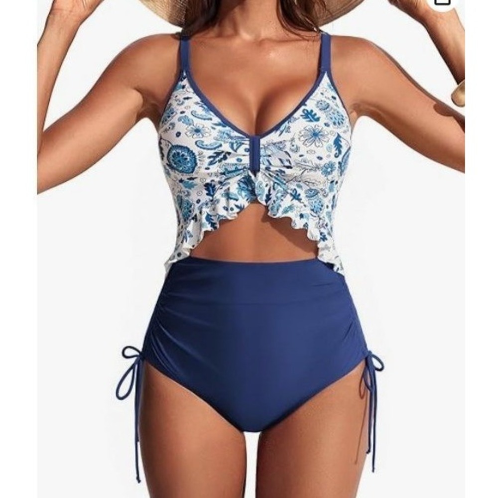 Hanna Nikole One Piece Swimsuit Medium Blue New Floral Ruffle Cut Out Pool Summe